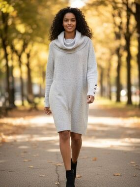 Time and Tru Light Gray Cowl Neck Sweater Dress with Button Cuff